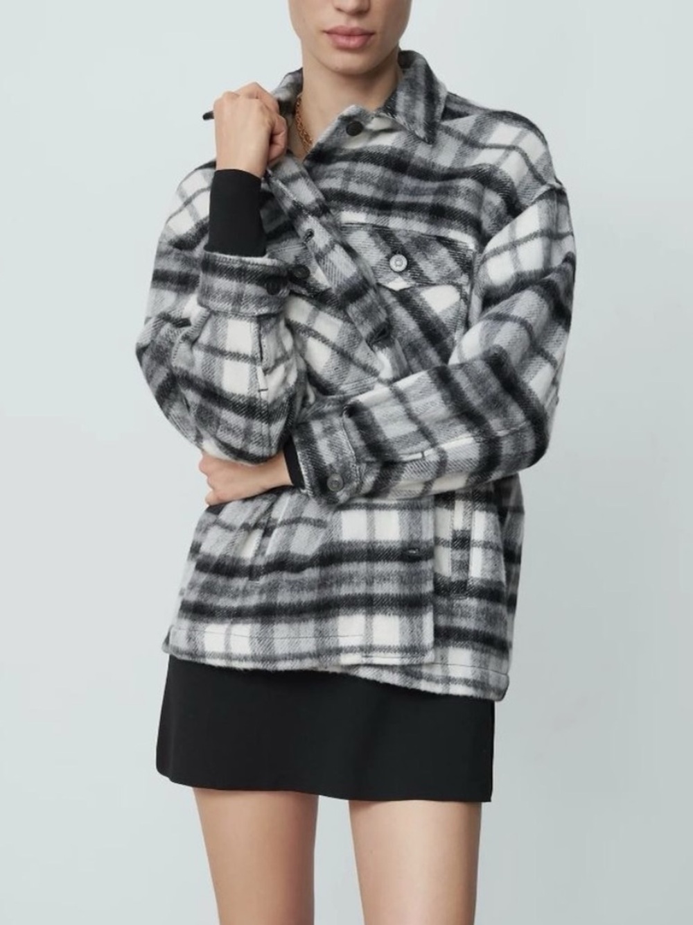 Zara Women’s Black White Plaid Wool Blend Shacket Overshirt Jacket